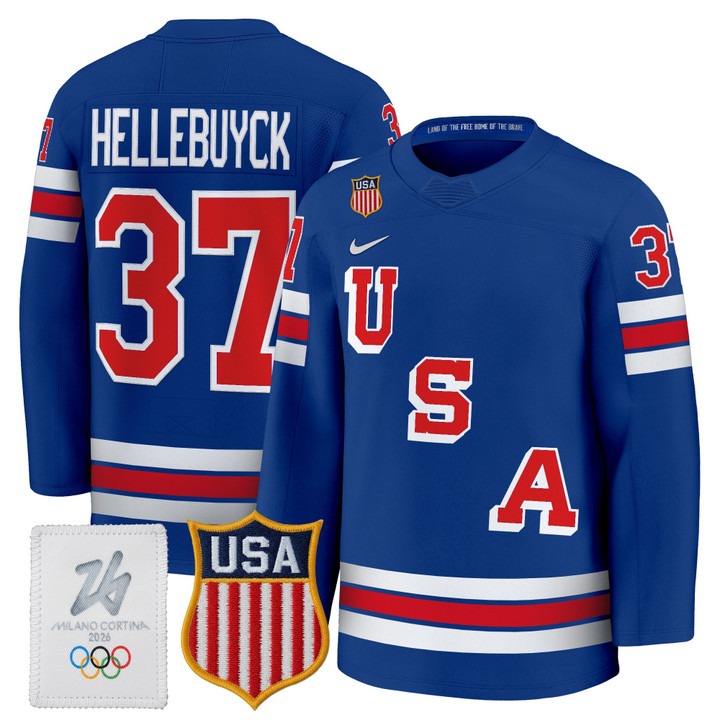 Men's USA Hockey 2026 Olympic #37 Connor Hellebuyck Royal Nike Premium Stitched Jersey