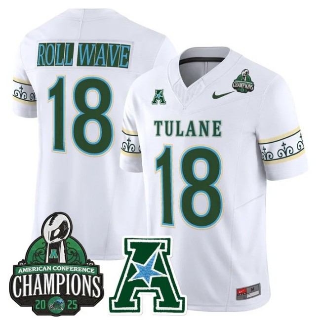 Men's & Women's & Youth Tulane Green Wave #18 ROLL WAVE 'City Edition' 2025 AAC Champions Patch F.U.S.E. Vapor Limited Stitched Jersey White