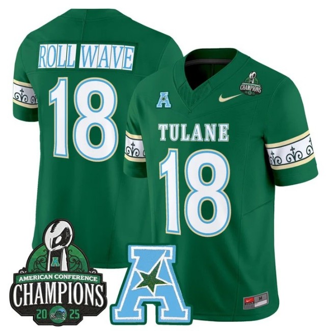 Men's & Women's & Youth Tulane Green Wave #18 ROLL WAVE 'City Edition' 2025 AAC Champions Patch F.U.S.E. Vapor Limited Stitched Jersey Green