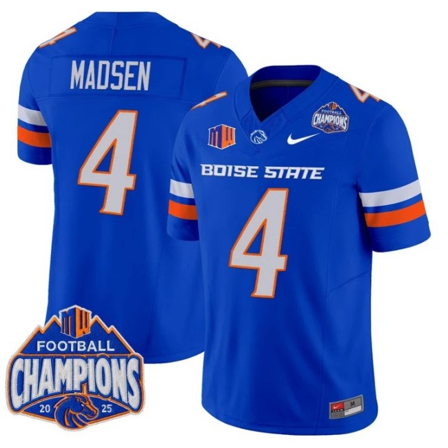 Men's & Women's & Youth Boise State Broncos #4 Maddux Madsen 2025 Mountain West Football Champions F.U.S.E. Vapor Limited Stitched Jersey Royal