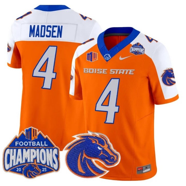 Men's & Women's & Youth Boise State Broncos #4 Maddux Madsen 2025 Mountain West Football Champions F.U.S.E. Vapor Limited Stitched Jersey Orange Alternate