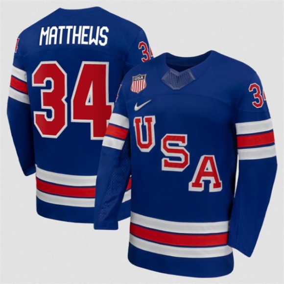 Men's USA Hockey #34 Auston Matthews Royal 2026 Nike Stitched Jersey