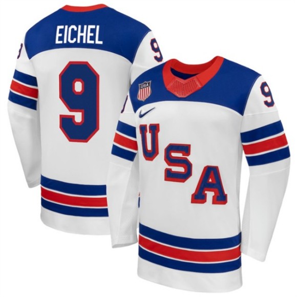 Men's USA Hockey #9 Jack Eichel White 2026 Nike Stitched Jersey