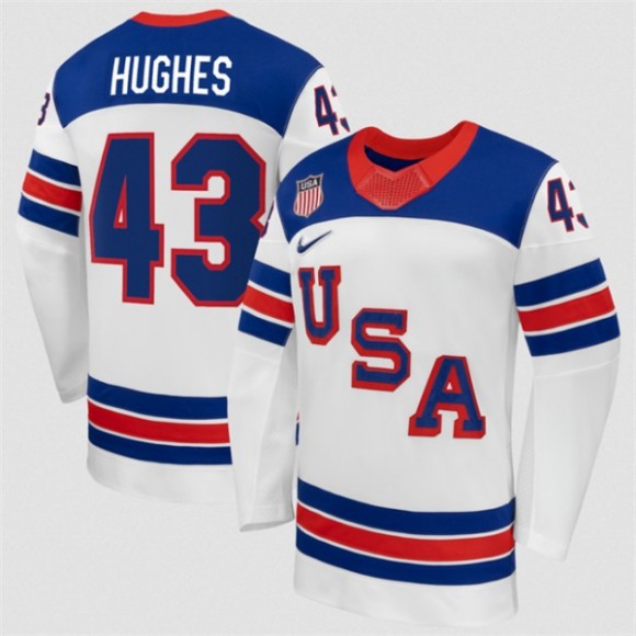 Men's USA Hockey #43 Quinn Hughes White 2026 Nike Stitched Jersey