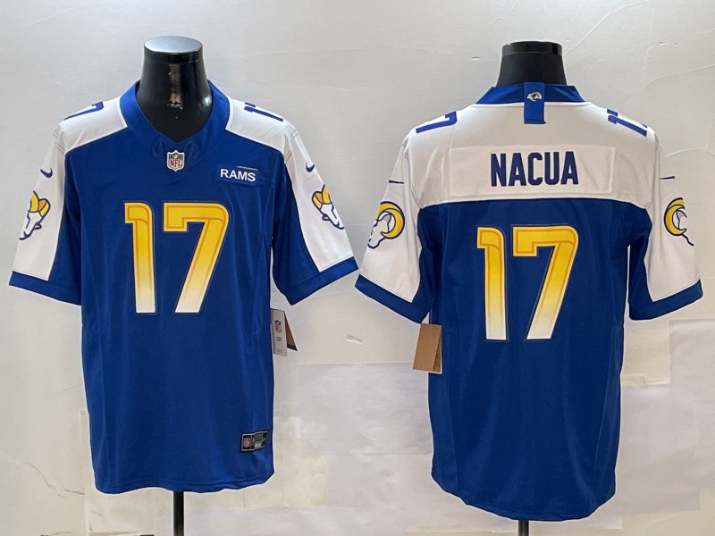 Men's Los Angeles Rams #17 Puka Nacua Blue White 2024 FUSE With Patch Vapor Limited Stitched Football Jersey