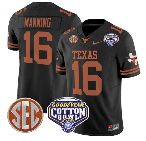 Men's Texas Longhorns #16 Arch Manning Black F.U.S.E. 2025 Cotton Bowl Classic Patch Vapor Limited Stitched Jersey