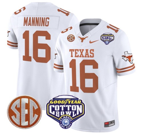 Men's Texas Longhorns #16 Arch Manning White F.U.S.E. 2025 Cotton Bowl Classic Patch Vapor Limited Stitched Jersey