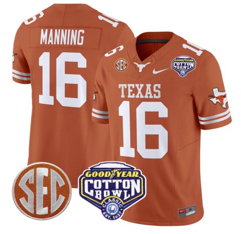 Men's Texas Longhorns #16 Arch Manning Orange F.U.S.E. 2025 Cotton Bowl Classic Patch Vapor Limited Stitched Jersey