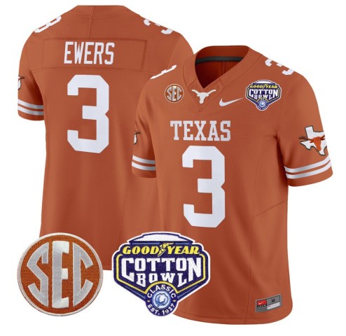 Men's Texas Longhorns #3 Quinn Ewers Orange F.U.S.E. 2025 Cotton Bowl Classic Patch Vapor Limited Stitched Jersey