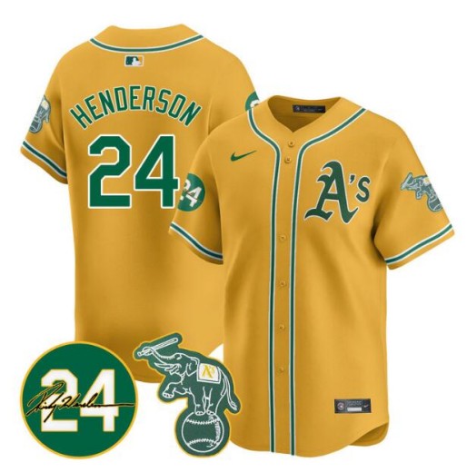 Men's Oakland Athletics #24 Ricky Henderson Yellow 2024 Limited With Patch Stitched Jersey