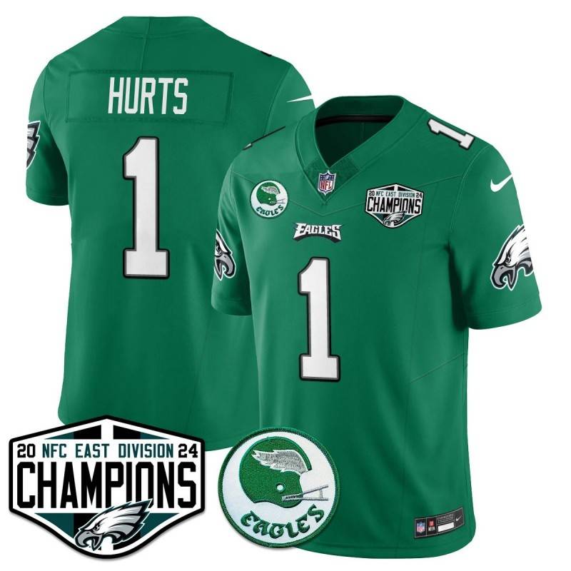 Men's Philadelphia Eagles #1 Jalen Hurts Kelly Green 2024 NFC East Division Champions Stitched Jersey