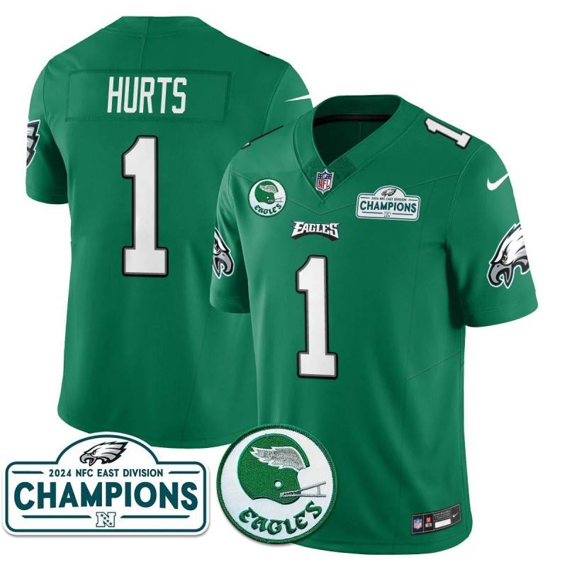 Men's Philadelphia Eagles #1 Jalen Hurts Kelly Green 2024 NFC East Division Champions Stitched Jerseys