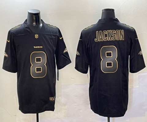 Men's Baltimore Ravens #8 Lamar Jackson Black Gold Stitched Football Jersey