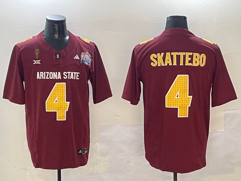 Men's Arizona State Sun Devils #4 Cam Skattebo 2024 F.U.S.E. Maroon Pat Tillman & Peach Bowl Patch Vapor Limited Stitched Jersey