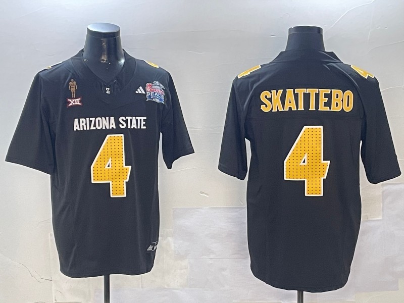 Men's Arizona State Sun Devils #4 Cam Skattebo 2024 F.U.S.E. Black Pat Tillman & Peach Bowl Patch Vapor Limited Stitched Jersey