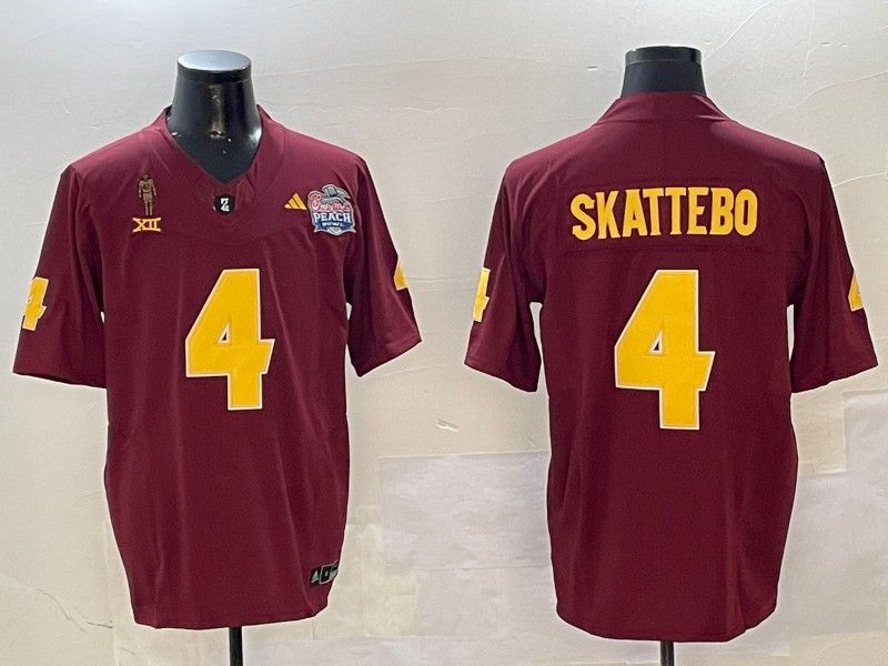 Men's Arizona State Sun Devils #4 Cam Skattebo 2024 F.U.S.E. Maroon Pat Tillman & Peach Bowl Patch Vapor Limited Stitched Jersey