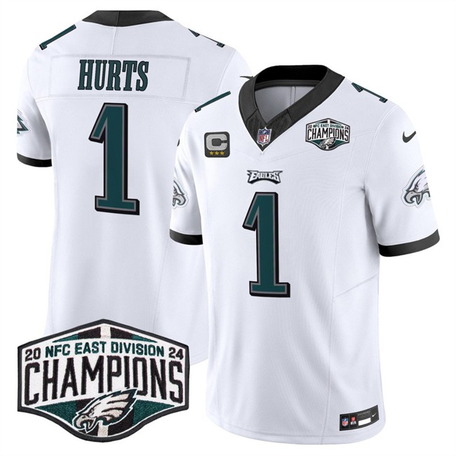 Men's Philadelphia Eagles #1 Jalen Hurts White 2024 NFC East Champions With 4-Star C Patch F.U.S.E. Vapor Untouchable Limited Stitched Football Jersey