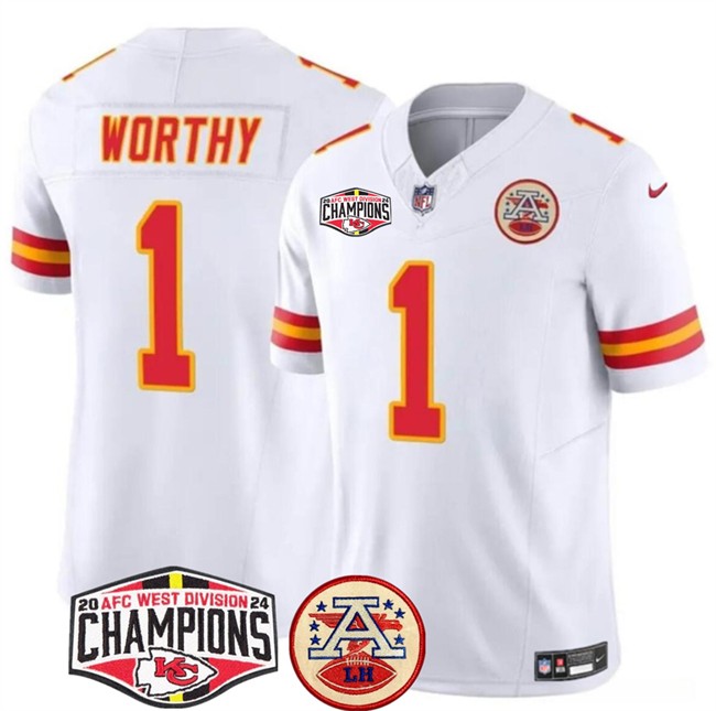 Men's Kansas City Chiefs #1 Xavier Worthy White F.U.S.E. 2024 AFC West Division Champions Vapor Limited Stitched Football Jersey