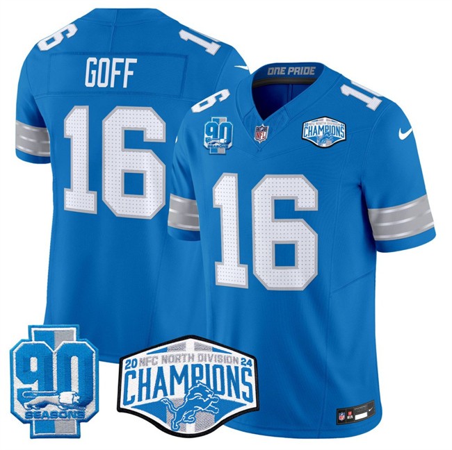 Men's Detroit Lions #16 Jared Goff Blue 2024 NFC North Champions 90th Anniversary Patch F.U.S.E. Vapor Limited Stitched Jersey