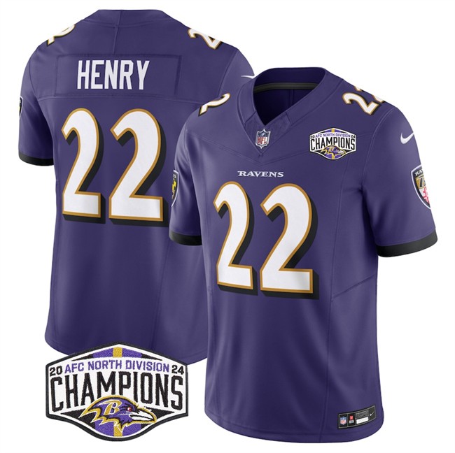 Men's Baltimore Ravens #22 Derrick Henry Purple F.U.S.E 2024 AFC North Division Champions Vapor Limited Football Jersey