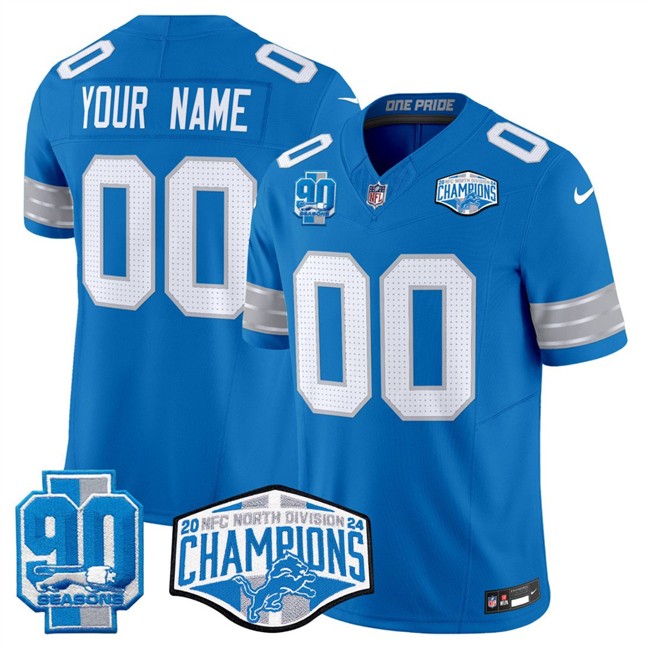 Men's Detroit Lions Active Player Custom Blue 2024 NFC North Champions 90th Anniversary Patch F.U.S.E. Vapor Limited Stitched Jersey