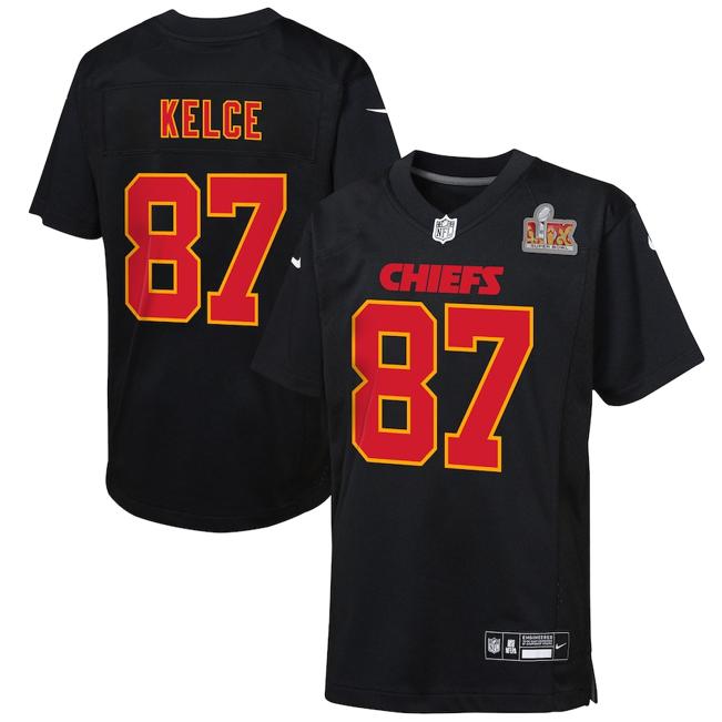 Youth Travis Kelce Kansas City Chiefs Nike Super Bowl LIX Patch Fashion Game Jersey - Carbon Black