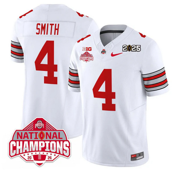 Men's Ohio State Buckeyes #4 Jeremiah Smith White 2025 CFP Final With National Champions Patch F.U.S.E. Vapor Limited Stitched Football Jersey