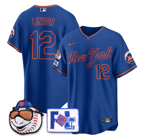 Men's New York Mets #12 Francisco Lindor Blue Road 2025 Spring Training Stitched Baseball Jersey