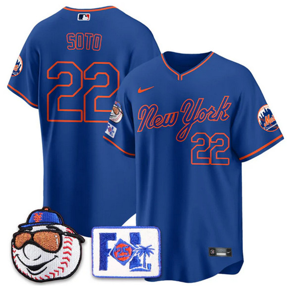 Men's New York Mets #22 Juan Soto Blue Road 2025 Spring Training Stitched Baseball Jersey