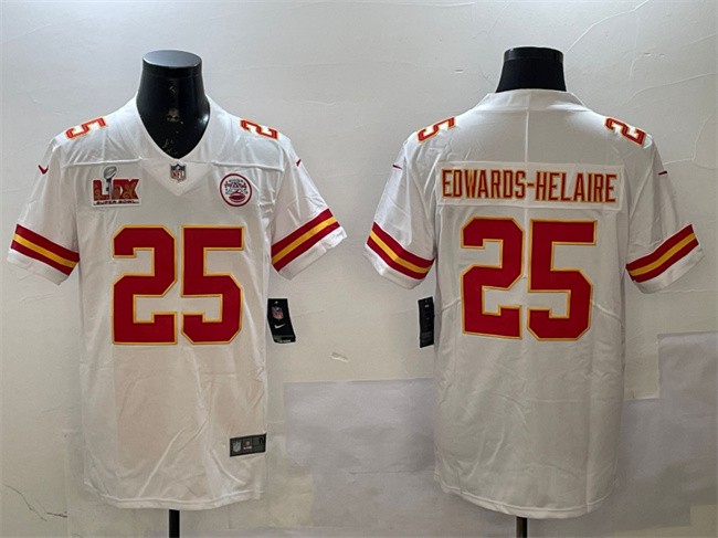 Men's Kansas City Chiefs #25 Clyde Edwards-Helaire White 2025 Super Bowl LIX Patch Vapor Untouchable Limited Stitched Football Jersey