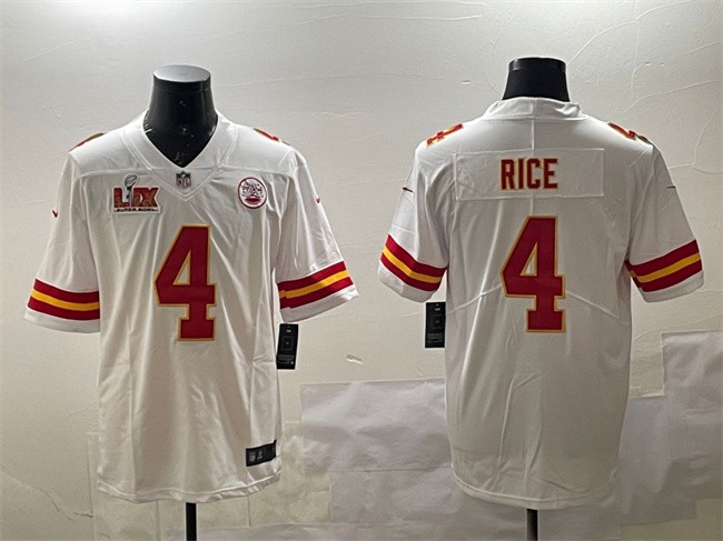 Men's Kansas City Chiefs #4 Rashee Rice White 2025 Super Bowl LIX Patch Vapor Untouchable Limited Stitched Football Jersey