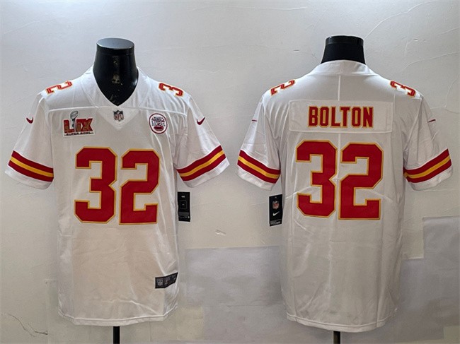 Men's Kansas City Chiefs #32 Nick Bolton White 2025 Super Bowl LIX Patch Vapor Untouchable Limited Stitched Football Jersey