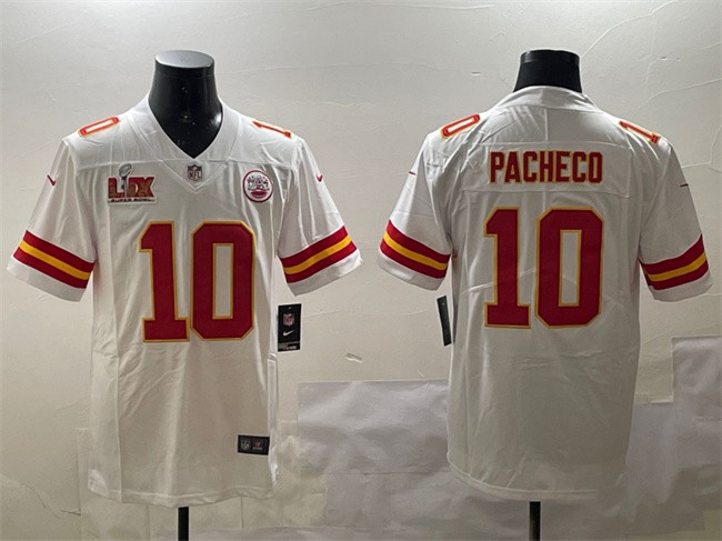 Men's Kansas City Chiefs #10 Isiah Pacheco White 2025 Super Bowl LIX Patch Vapor Untouchable Limited Stitched Football Jersey