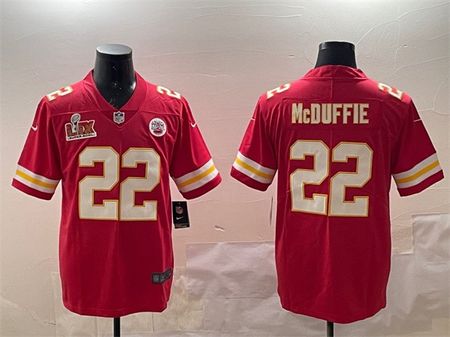 Men's Kansas City Chiefs #22 Trent McDuffie Red 2025 Super Bowl LIX Patch Vapor Untouchable Limited Stitched Football Jersey