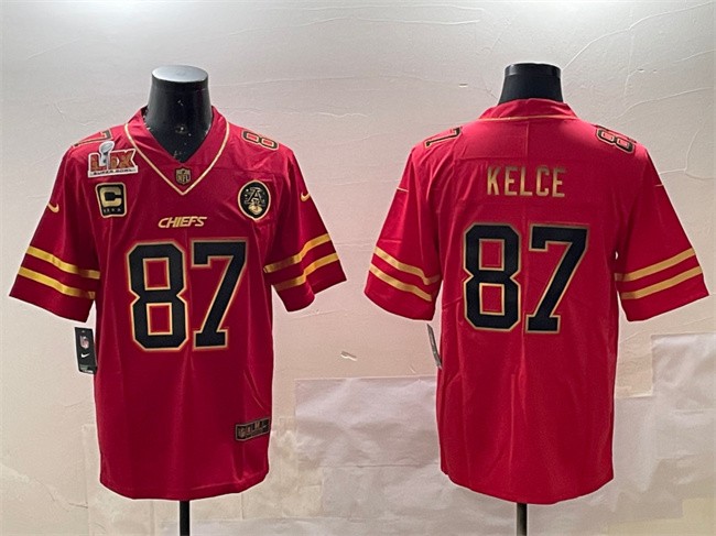 Men's Kansas City Chiefs #87 Travis Kelce Red Gold 2025 Super Bowl LIX Patch And 4-star C Patch Vapor Limited Stitched Football Jersey