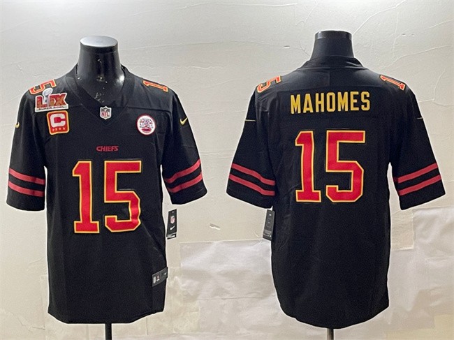 Men's Kansas City Chiefs #15 Patrick Mahomes Black Gold 2025 Super Bowl LIX Patch And 4-star C Patch Vapor Limited Stitched Football Jersey