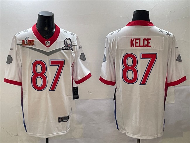 Men's Kansas City Chiefs #87 Travis Kelce White 2025 Super Bowl LIX Patch Pro Bowl Vapor Limited Stitched Football Jersey