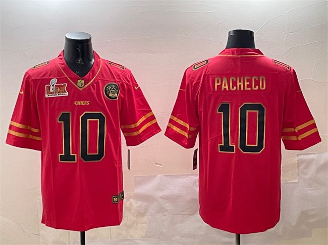 Men's Kansas City Chiefs #10 Isiah Pacheco Red Gold 2025 Super Bowl LIX Patch Vapor Limited Stitched Football Jersey