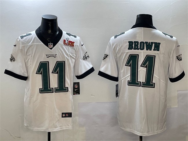 Men's Philadelphia Eagles #11 A.J. Brown White 2025 Super Bowl LIX Patch Vapor Untouchable Limited Stitched Football Jersey