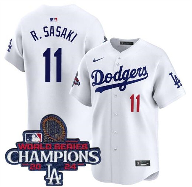 Men's Los Angeles Dodgers #11 Roki Sasaki White 2024 World Series Champions Home Limited Stitched Baseball Jersey