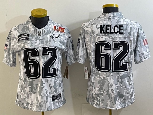 Youth Philadelphia Eagles #62 Jason Kelce 2025 Super Bowl LIX Patch F.U.S.E Arctic Camo Salute to Service Limited Stitched Football Jersey