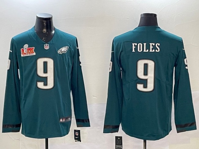 Men's Philadelphia Eagles #9 Nick Foles Nike Green 2025 Super Bowl LIX Patch Vapor Untouchable Limited Stitched Therma Long Sleeve Jersey