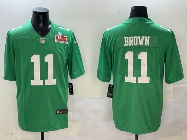 Men's Philadelphia Eagles #11 A.J. Brown Green 2025 Super Bowl LIX Patch Throwback Nike Vapor Untouchable Limited Stitched NFL Jersey