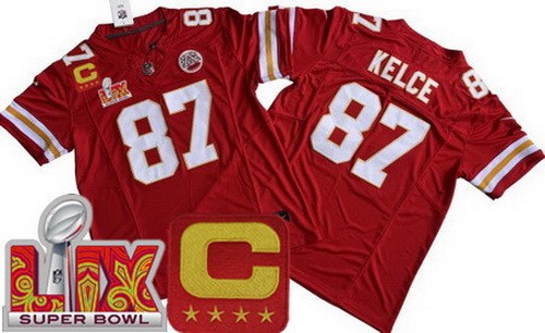 Men's Kansas City Chiefs #87 Travis Kelce Nike Limited Red C Patch Super Bowl LIX FUSE Vapor NFL Stitched Jersey