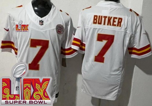 Men's Kansas City Chiefs #7 Harrison Butker Nike Limited White Super Bowl LIX FUSE Vapor NFL Stitched Jersey