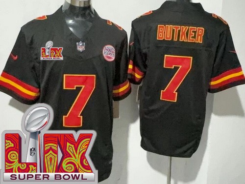 Men's Kansas City Chiefs #7 Harrison Butker Nike Limited Black Super Bowl LIX FUSE Vapor NFL Stitched Jersey