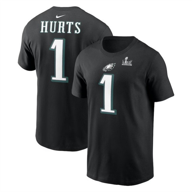 Men's Philadelphia Eagles #1 Jalen Hurts Black Super Bowl LIX Name & Number T-Shirt