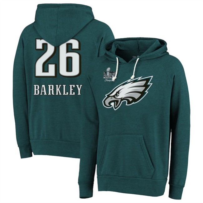 Men's Philadelphia Eagles #26 Saquon Barkley Midnight Green Super Bowl LIX Champions Name & Number Tri-Blend Pullover Hoodie