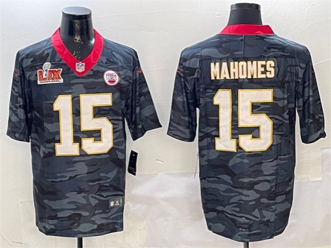 Men's Kansas City Chiefs #15 Patrick Mahomes Black 2025 Super Bowl LIX Patch Camo Vapor Limited Stitched Football Jersey