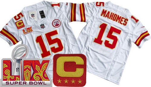 Youth Kansas City Chiefs #15 Patrick Mahomes Nike Limited White C Patch Super Bowl LIX FUSE Vapor NFL Stitched Jersey